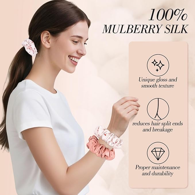 Cherry Pink Mulberry Silk Hair Scrunchies, 4Pcs Silk Hair Ties for Hair Sleep Frizz Breakage Valentine's Galentines Day Gifts