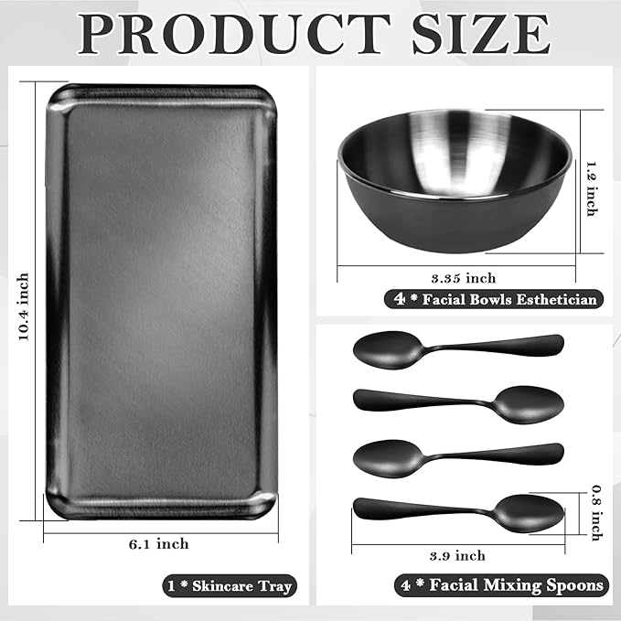 9 PCS Black Esthetician Supplies 4 Black Facial Bowls Esthetician 4 Facial Mixing Spoons Facial Mask Mixing Bowl Large Stainless Steel Skincare Tray Esthetician Spoons for Skin Care Face Mask