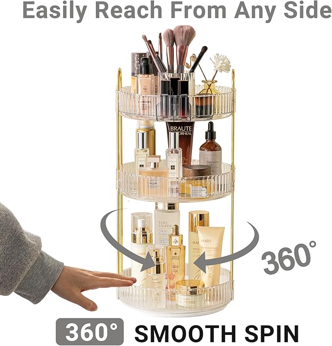 360 Rotating Makeup Organizer,3 Tier Large Capacity Make Up Organizers and Storage,Skincare Perfume Vanity Organizers,Bathroom Cosmetics Storage Organizer Countertop(Clear)