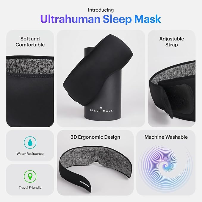 Ultrahuman Sleep Mask for Women and Men – Comfortable Premium Blackout Eye Mask for Sleep, Soft 3D Sleeping Mask with Travel Pouch