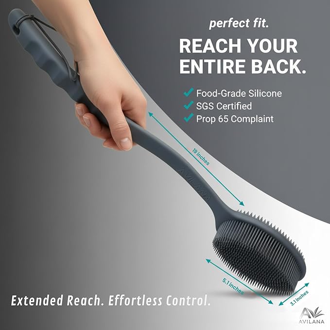 Avilana Premium Back Scrubber Long Handle 19 Inch - 8 Years Trusted Since 2017 - SGS Certified Silicone Bath Brush, Dual Sided Exfoliating Body Brush Extended Reach Back Washer Women Men Seniors Gift