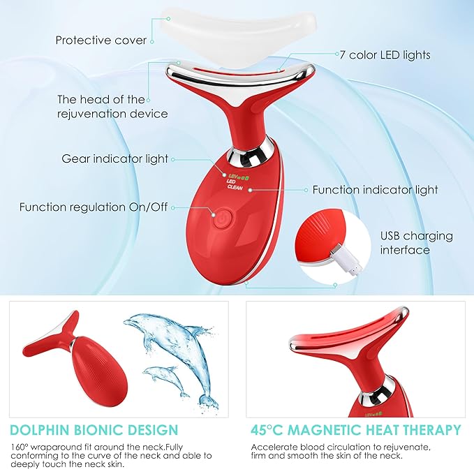 Facial Massager Red-Light-Therapy-for-Face and Neck, Face 𝖲 culpting Wand with 7 Color (Red)