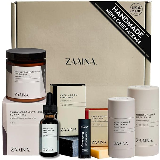 ZAAINA Men’s Care Package, Valentine Gifts for Men, Relaxation Spa Gift Set - Luxury Natural Handmade Grooming Kit for Husband Dad Friend, Birthday Gifts for Him (Premium Set with Sandalwood Candle)