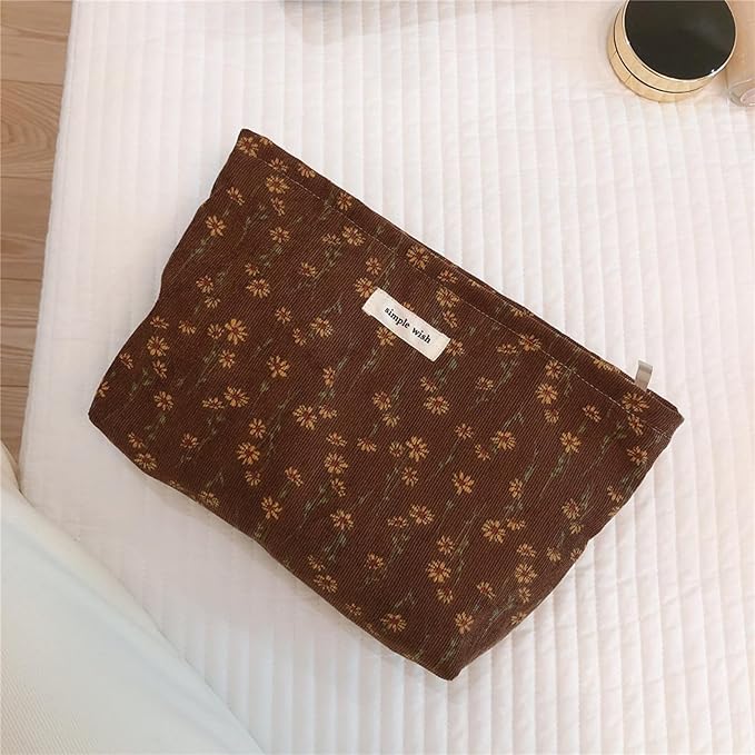Wudygirl Cute Makeup Bag for Women - Travel Cosmetic Bag with Zipper Makeup Pouch Floral Make up Organizer Handbag Aesthetic (Brown Floral)