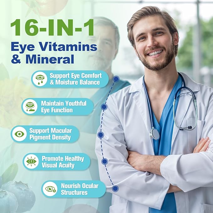 AREDS 2 Eye Vitamins and Mineral Bilberry Extract Omega-3, Eye Vitamin for Seniors Macular Health and Dry Eye, Eye Vitamins Lutein and Zeaxanthin Support Eye Strain & Hydration (2 Packs)