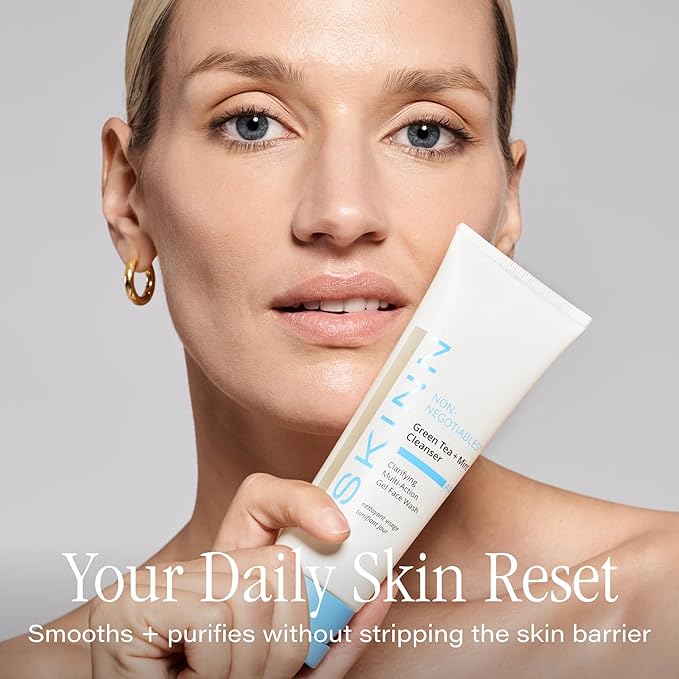 SKINN Daily Morning Face Wash, Green Tea + Mint Cleanser, 4oz - Gentle Exfoliating Facial Cleanser for All Skin Types - Formulated with Antioxidant & Botanical Oils & Salicylic Acid