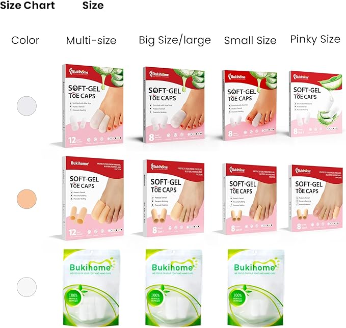 Bukihome Silicone Toe Protectors - 12 Pack Gel Toe Sleeves Toe Protectors - Toe Caps with Aloe Vera Essential Oils - Toe Cushions for Pain Relief, Toe Protection for Corns, Calluses (8L + 4S)