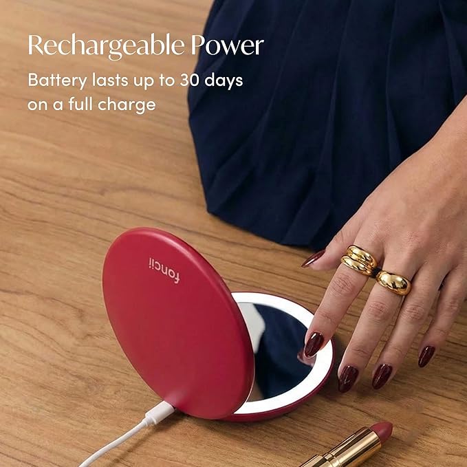 Fancii Taylor LED Lighted Travel Makeup Mirror, Rechargeable, 10x /1x Magnifying, Tru-Glow Light Technology, XL Large 5” Wide | Compact Mirror for Purses (Ruby Red)