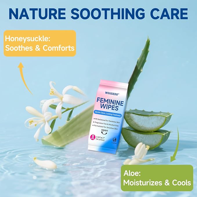 Feminine Hygiene Wipes for Women, pH Balanced & Hypoallergenic Intimate Wipes, Alcohol-Free, Gentle Female Personal Wipes, Convenient Mini Packs for Daily Use & On-The-Go，64 Wipes (Pack of 8)