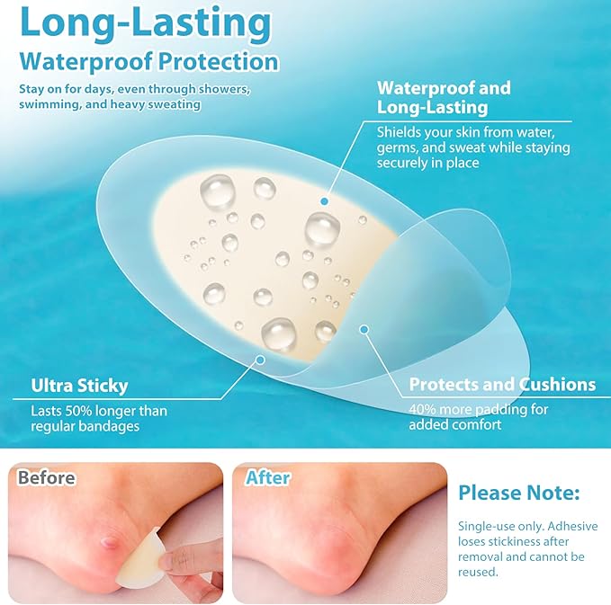 64ct Blister Bandages Waterproof Hydrocolloid Gel Pads for Heels & Toes, Adhesive Blister Cushions for Foot Protection, Hiking Essentials, Blister Prevention Patches, Soft Variety Band-Aids