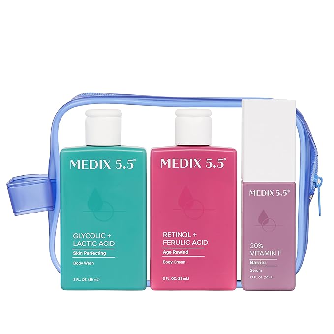 MEDIX 5.5 Best Sellers Travel Kit Skin Care Set - Retinol Body Lotion + Glycolic Acid Exfoliating Body Wash + 20% Vitamin F Body Oil 3PC Skincare Set | Crepey Skin Care Treatment, 3 Piece Travel Kit
