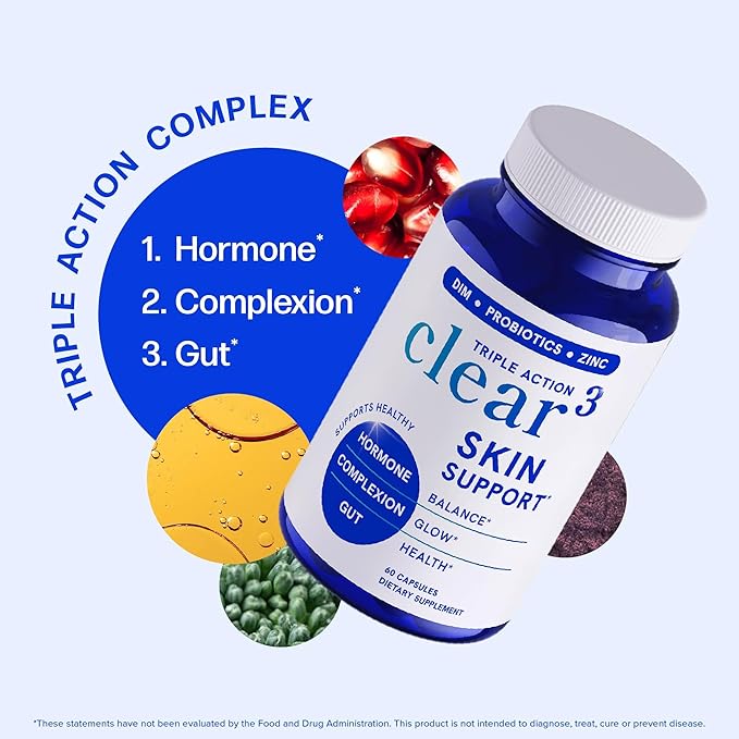 Clear Skin Supplement with Zinc, DIM & Probiotics | 3-in-1 Balance, Glow & Health Skin Support | Triple Action Hyaluronic Acid, Niaciminide & Vitamins for Hormone, Complexion & Gut Support | 120 Ct