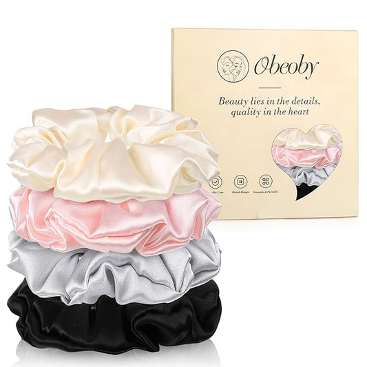 100% Mulberry Silk Scrunchies for Hair Bun Ponytail, No Damage 4 Pack Silk Hair Ties for All Hair Types Valentines Gifts for Women Girls