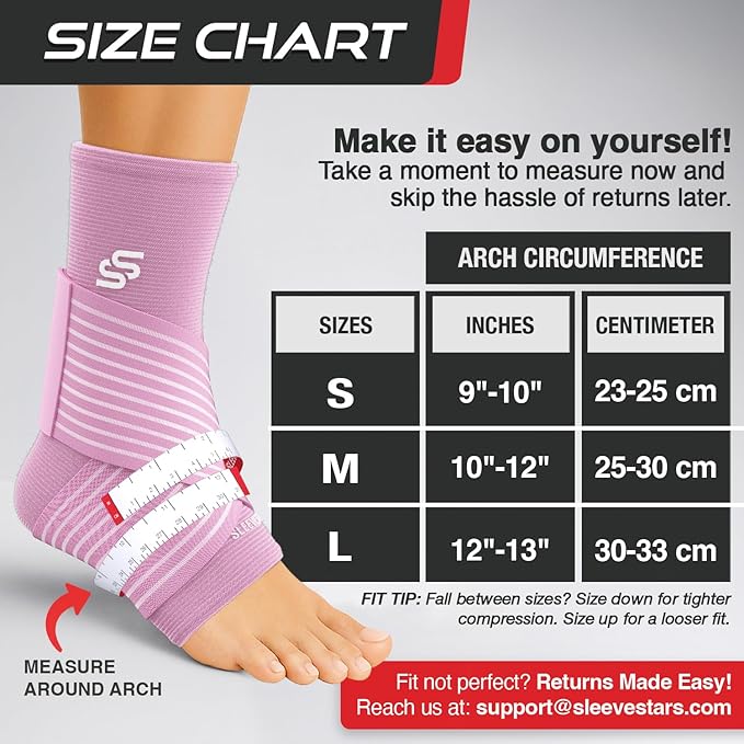 Sleeve Stars Ankle Brace for Women & Men, Ankle Wrap for Sprained Ankle, Compression Sleeve for Plantar Fasciitis Relief, Easy Customizable Support: w/ Removable Strap (Single/M:10"-12"/Baby Pink)
