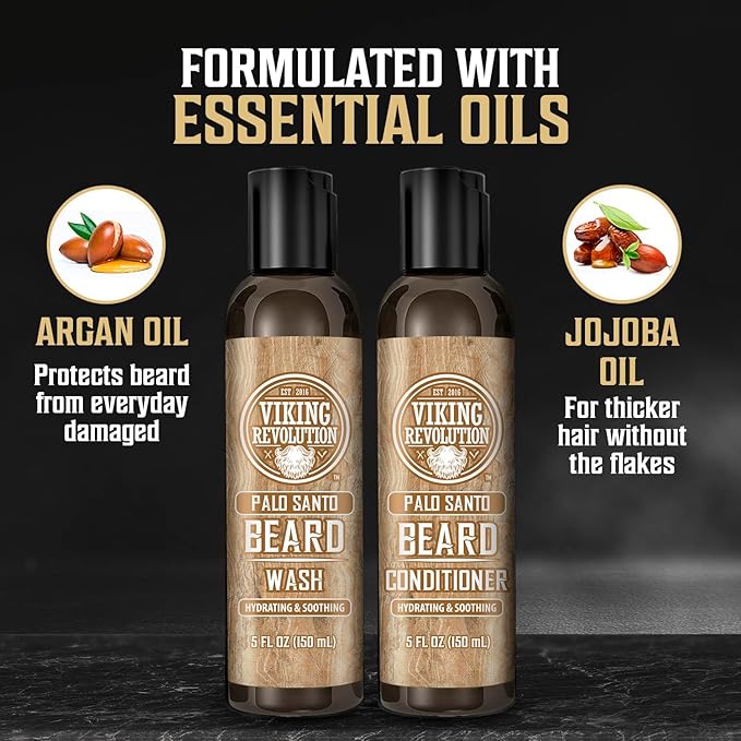 Viking Revolution Beard Wash and Beard Conditioner for Men with Argan Oil and Jojoba Oil - Beard Softener and Strengthener Beard Care Beard Shampoo and Conditioner with Ginseng Root (5oz, Palo Santo)