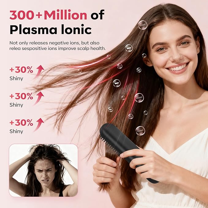Go Brush Pro 2026 Hair Straightener Brush 300 Million Negative Ionic Portable Hair Straightener Comb for Women with 4 Temps Fast Heating MCH Ceramic Coating Smooth Frizz - Free Hair Shining Black