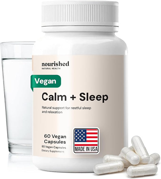 Nourished Natural - Calm + Sleep Capsules for Deep Rest & Relaxation with Ashwagandha, Chamomile, Tart Cherry Extract, Passionflower, L-theanine, & Magnesium - 60 Capsules