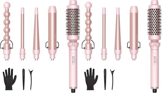 Wavytalk 5 in 1 Curling Iron,Curling Wand Set with Curling Brush and 4 Interchangeable Ceramic Curling Wand(0.5”-1.25”),Instant Heat Up,Include Heat Protective Glove & 2 Clips (Pink) (Pack of 2)