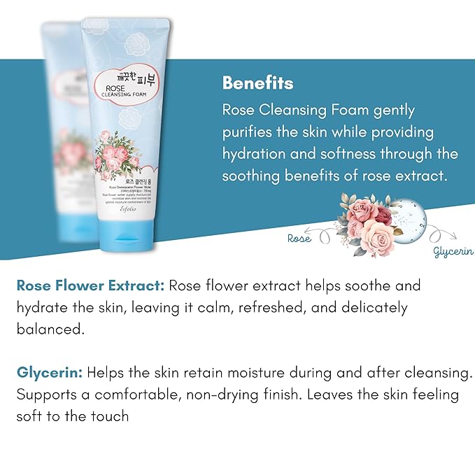 esfolio Rose Cleansing Foam – Gentle Daily Face Cleanser with Soothing Rose Extract for Hydrating and Refreshing Skin, Removes Dirt and Excess Oil, Suitable for All Skin Types (5.29oz -150g)