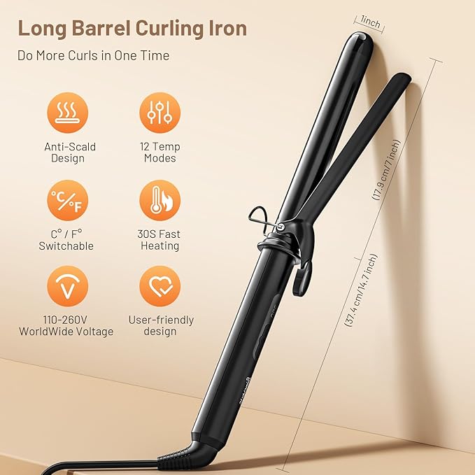 Curling Iron 1 Inch, Long Barrel Ceramic Hair Wand, Fast Heating Hair Curler with 12 Heat Settings with LED Display, Hair Curling Wand Styling and Lasting on All Hair Types, Dual Voltage for Travel