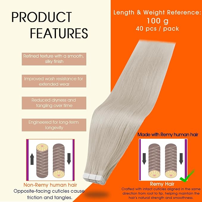Full Shine Tape Hair Extensions Real Human Hair Color 1000 Ice Blonde Tape in Human Hair Cuticles Aligned Remy Seamless Skin Weft Straight Extension 18Inch 100G 40Pcs