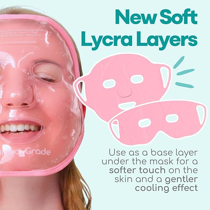 Medi Grade Cooling Ice Face Mask and Cooling Eye Mask for Puffy Eyes, Pink - Self Care Face Ice Pack with ChillGel Face Ice Mask Technology - Cooling Face Mask, Eye Pads and Bag