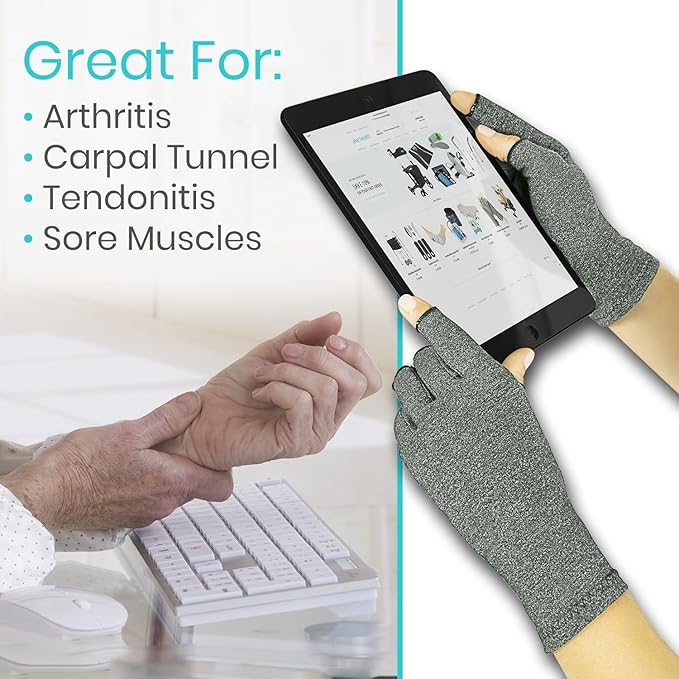 Vive Arthritis Gloves - Men, Women Rheumatoid Compression Hand Glove for Osteoarthritis- Arthritic Joint Pain Relief - Carpal Tunnel Wrist Support - Open Finger, Fingerless Thumb for Computer Typing