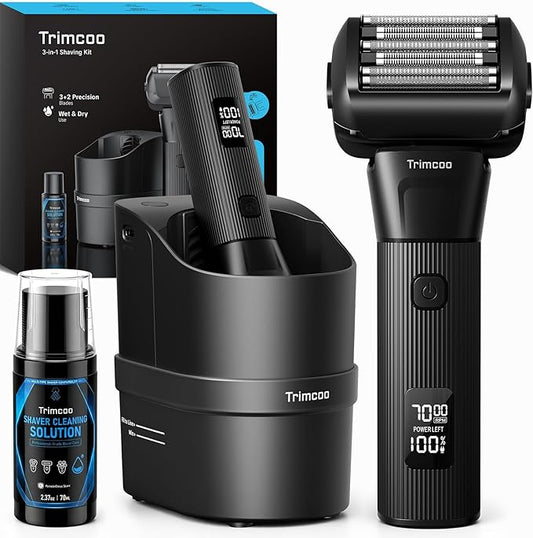 Electric Shaver for Men - Trimcoo 5-Blade Foil Razor Kit | Gentle on Sensitive Skin | Self-Cleaning Center, USB-C Charging, 180min Runtime, IPX7 Wet/Dry Use with Pop-Up Trimmer, Ideal Grooming Gift