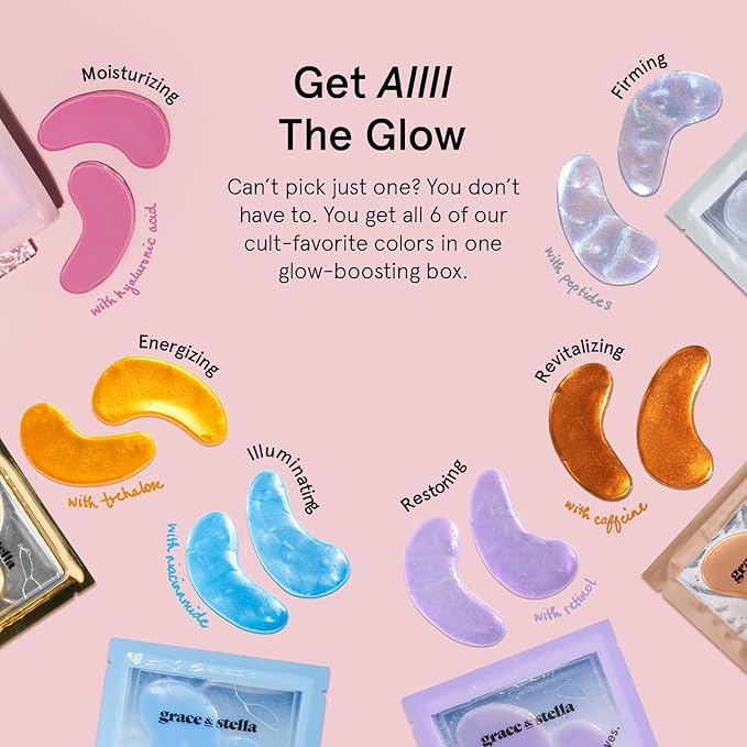 grace & stella Under Eye Mask Variety Pack - 18 Pairs of Under Eye Patches for Dark Circles - With 6 Colors (3 Pairs/Color) - Valentines Gift Bags - Gel Masks Puffy Eyes for Women, Vegan Cruelty Free