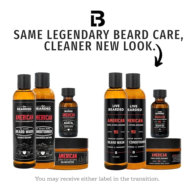 Live Bearded Complete Beard Grooming Kit - Wash, Conditioner, Butter and Oil - Made in the USA with All-Natural Ingredients - Mens Groom Set | American Scent - Cedar, Vetiver, Bergamot