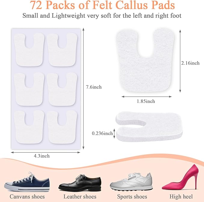 72 Pcs Callus Cushions for Feet - Soft, U Shape Metatarsal Pads for Pain Relief - Adhesive Coin Pads Protect Calluses from Shoes Rubbing - For Women & Men