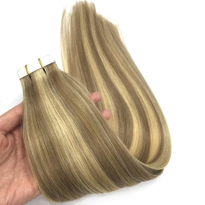 GOO GOO Tape in Hair Extensions Human Hair, 16/22 Light Blonde Highlighted Golden Blonde, 18inch 50g 20pcs, Skin Weft Seamless Invisible, Silky Straight with Thick Ends, Remy Human Hair