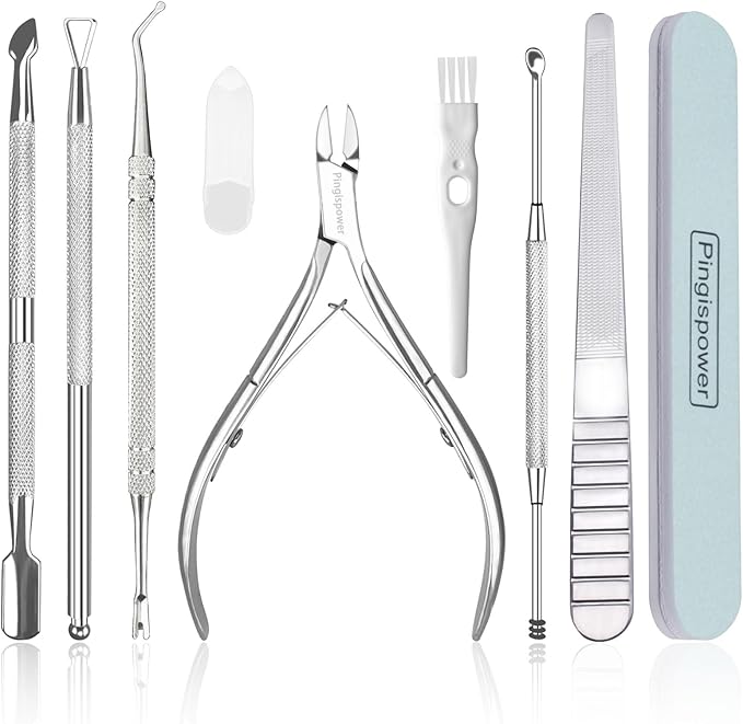 9-Piece Cuticle Tool Set, Professional Manicure & Pedicure Kit with Stainless Steel Cuticle Nippers, Trimmer, Pusher, Nail File and Buffer for Toenail & Fingernail Care at Home Salon