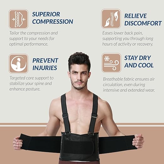 NeoTech Care Back Brace with Suspenders for Work - Industrial Lifting Safety, Elastic Compression, Hook & Loop Closure (Black, Size XXL)
