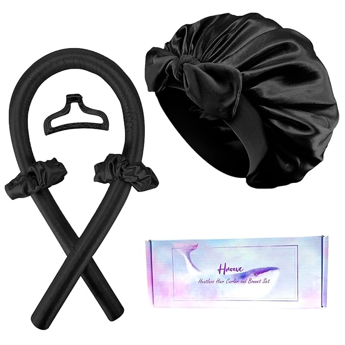 No Heat Overnight Curls with Double Layer Satin Bonnet - Soft Hair Curlers to Sleep In, heatless Curling Rods Set + Silk Bonnet for Women & Girls Long Hair, Heatless Waves & Volume (Black)
