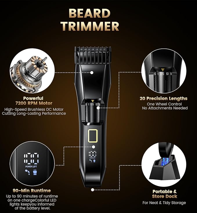 Men's Beard Trimmer-All-in-One Mustache Trimmer for Men with 20 Length Adjustable, Stainless Steel T-Blade for Precision Facial Hair Trimming Cordless IPX7 Waterproof Wet/Dry Clipper,LED Display