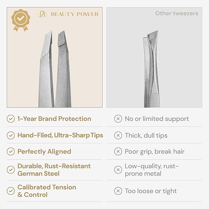 Professional Tweezers in Case - Slant, Durable Lightweight German Stainless Steel, Ultra Precision Tweezers for Eyebrows, Facial Hair, Chin, and Ingrown Hair Removal - Valentine's Gift