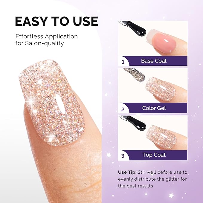 MelodySusie Galaliver Nude Pink Glitter Gel Nail Polish, 15ML Sparkly Pink Shimmer Gel Polish Soak Off UV LED Cured Long Lasting Gift for Women DIY Nail Design Nail Art Manicure X03
