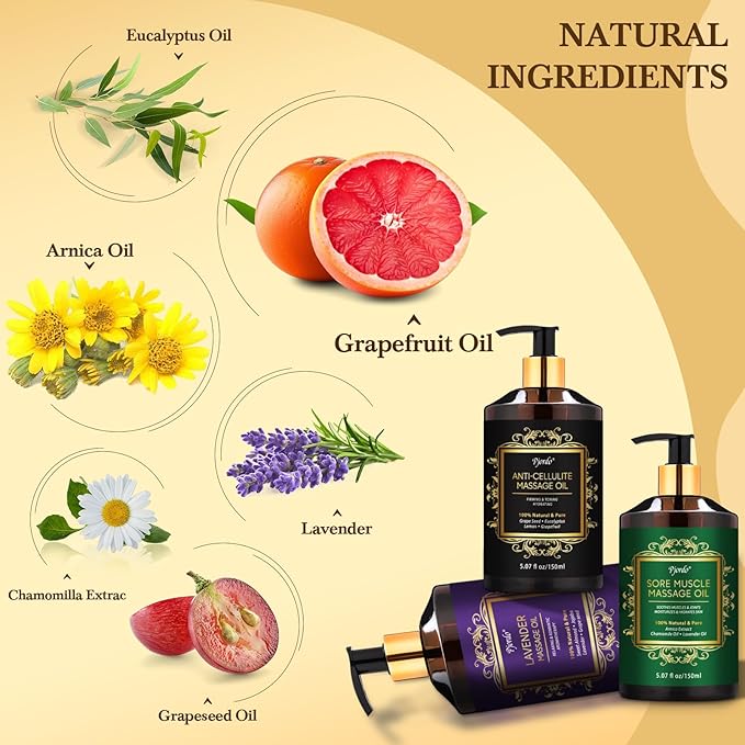 3 Pack Massage Oil for Massage Therapy, Lavender Oil for Relaxing, Sore Muscle Arnica Oil & Cellulite Massage Oil, with Massage Roller Ball & Thumb Saver Tool, Valentines Gift for Women