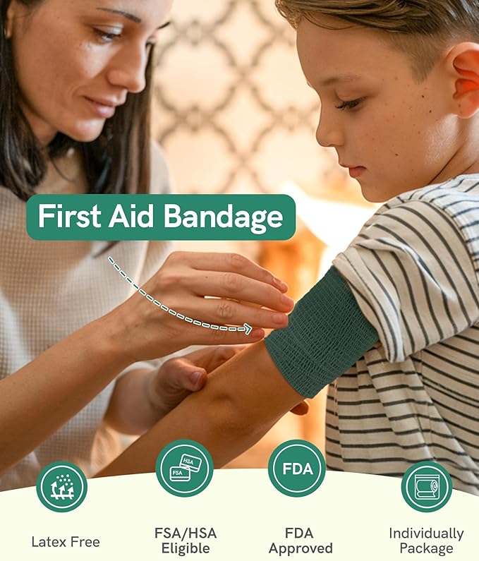 FriCARE Self Adhesive Bandage Wrap, Medical Tape in First Aid Kit, Cohesive Bandages for Wounds Sport Vet, 2 Inches X 5 Yards 6 Rolls, Hunter Green