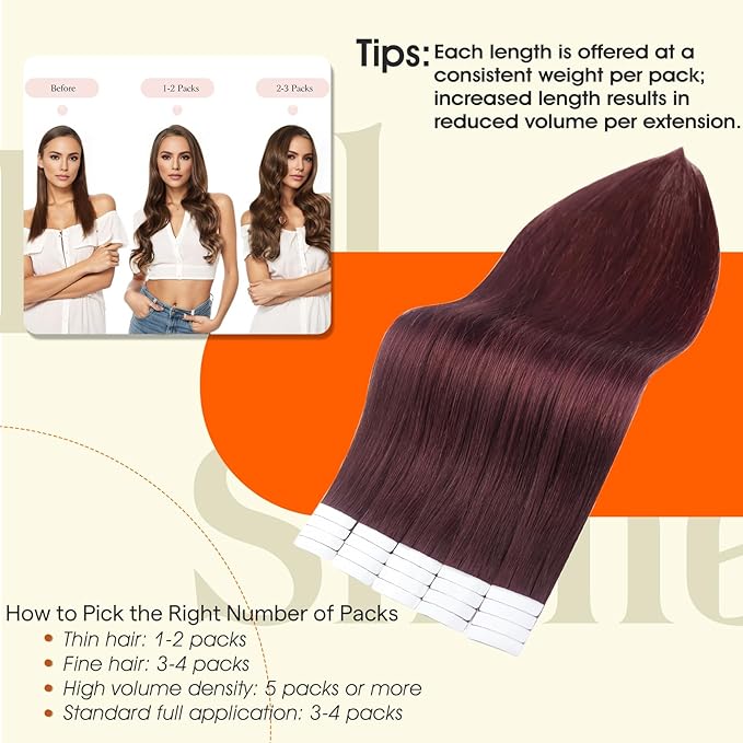 Full Shine Tape ins Human Hair Extensions Wine Red 99J Seamless Skin Weft Tape in Hair Extensions 12Inch Invisible Remy Human Hair 30Gram 20Pcs Add Volume Real Hair for Party Natural