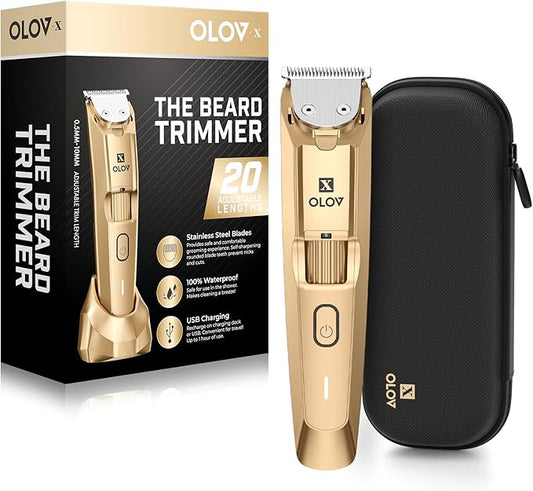 Men's Beard Trimmer- All-in-One Trimmer with Precision Dial - Premium Facial Hair Groomer - Adjustable 20 Length Setting, USB Recharge Dock, Cordless Waterproof Wet/Dry Clipper, Gold