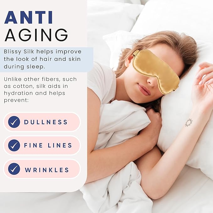 Blissy Silk Sleep Mask - Eye Sleeping Mask for Women & Men for Total Blackout - 100% Pure Mulberry Silk, 22 Momme 6a Fibers - Blindfold Sleep Mask Side Sleeper Eye Cover (Gold)