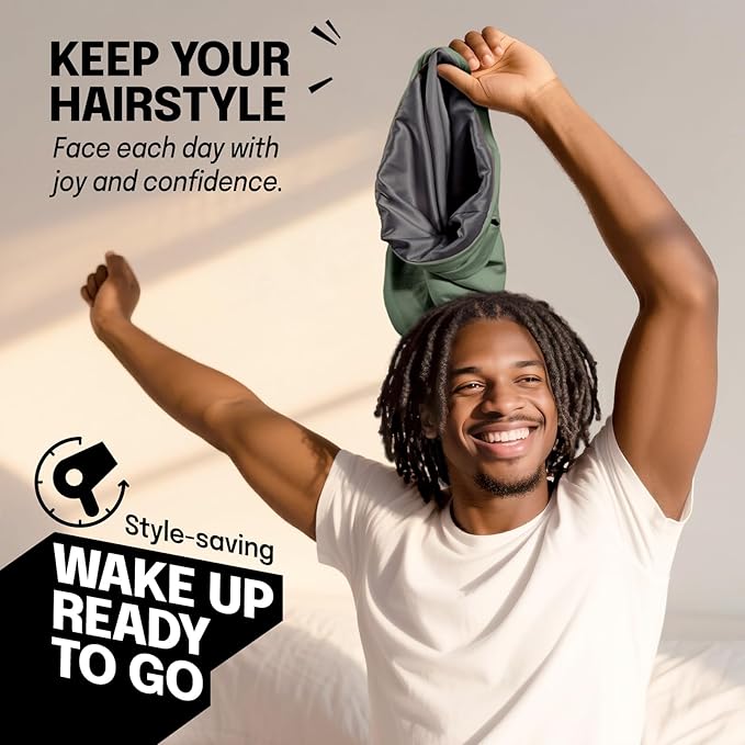 Large Satin Bonnet for Men Sleeping: Loc Cap Dreadlocks for Curly Braids, Silky for Frizzy Hair Smooth Military Green