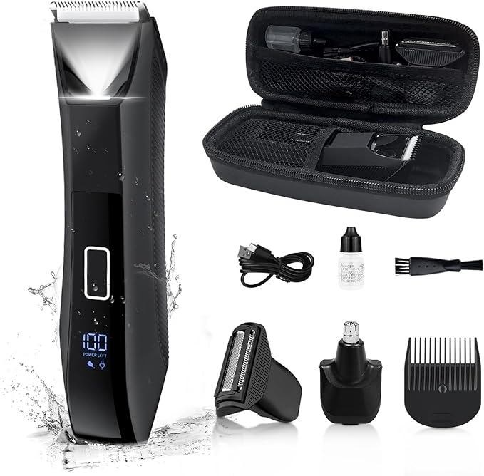 Body Trimmer for Men, Groin & Body Hair Trimmer, Ball Foil Shaver, Nose Hair Clippers, 3 in 1 Men's Waterproof Wet/Dry Groomer with Travel Case &Travel Lock, LED Display, Black