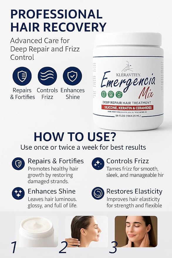 Emergencia Mix Intensive Mask with Silicone, Keratin, and Ceramides for Deep and Restorative Repair, Revitalize and Strengthen Damaged Hair, Providing Shine and Softness (36 OZ)