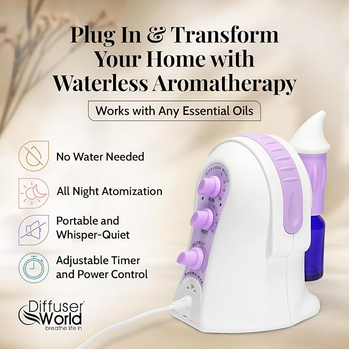 1000 Sq Ft Waterless Diffuser for Essential Oils, Made in USA Lavender Waterless Aroma Atomizer for Home Large Room Fragrance, Home Scent Machine, Air Aromatherapy with Adjustable Timer