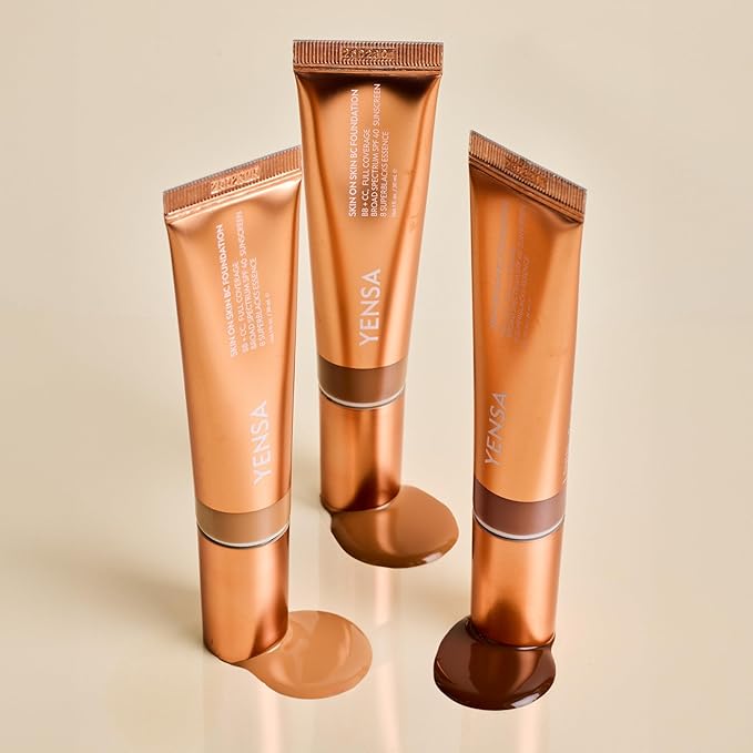 YENSA Skin on Skin BC Foundation Makeup - CC, BB Cream & Full Coverage Foundation-In-One - Buildable, Radiant Finish with SPF 40, Hyaluronic Acid, Peptides & 8 SuperBlacks - Medium Golden (1 oz)