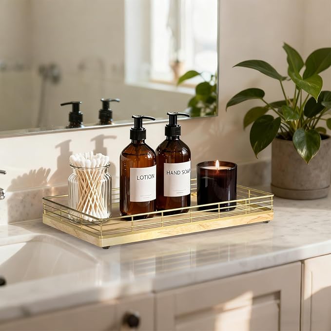 Large Bathroom Vanity Tray – 13" x 8" Oak Decorative Wooden Tray for Bathroom Countertop & Vanity Organizer, Wood Tray for Perfume Skincare Accessories Storage Vanity Dresser Decor Gold & Natural Oak