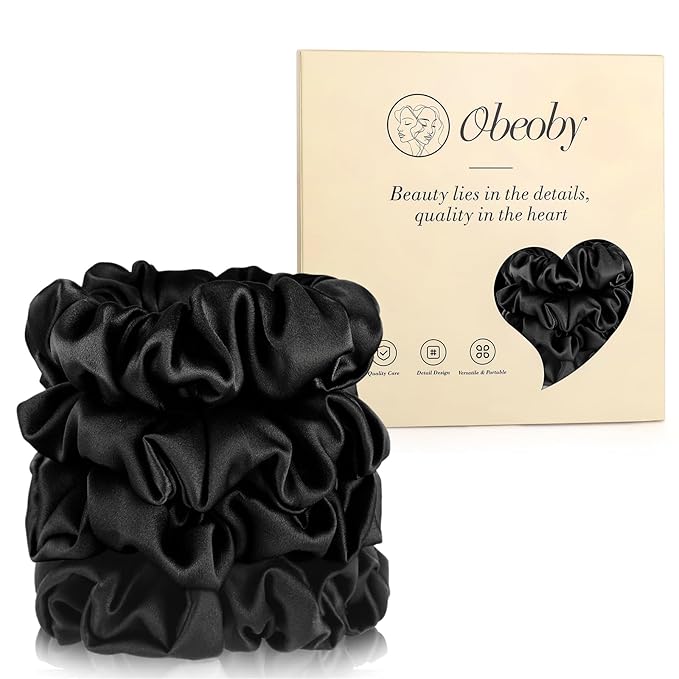 100% Mulberry Silk Scrunchies for Work, 4 Pack Soft Black Silk Hair Ties for Sport Yoga No Damage Scrunchies